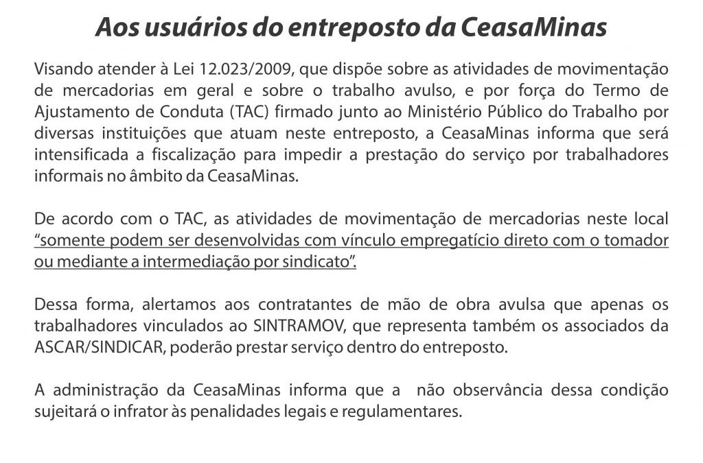 CeasaMinas intensifica fiscalização sobre prestação de serviço por trabalhadores informais