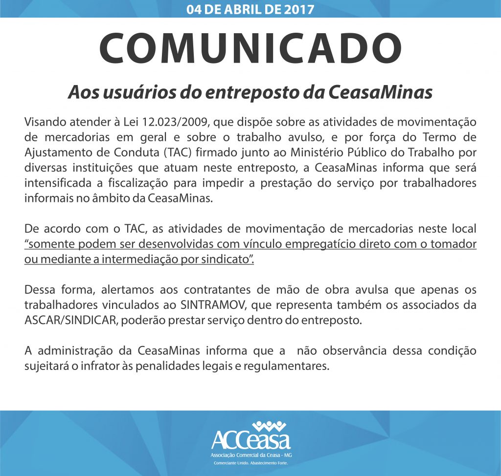 CeasaMinas intensifica fiscalização sobre prestação de serviço por trabalhadores informais