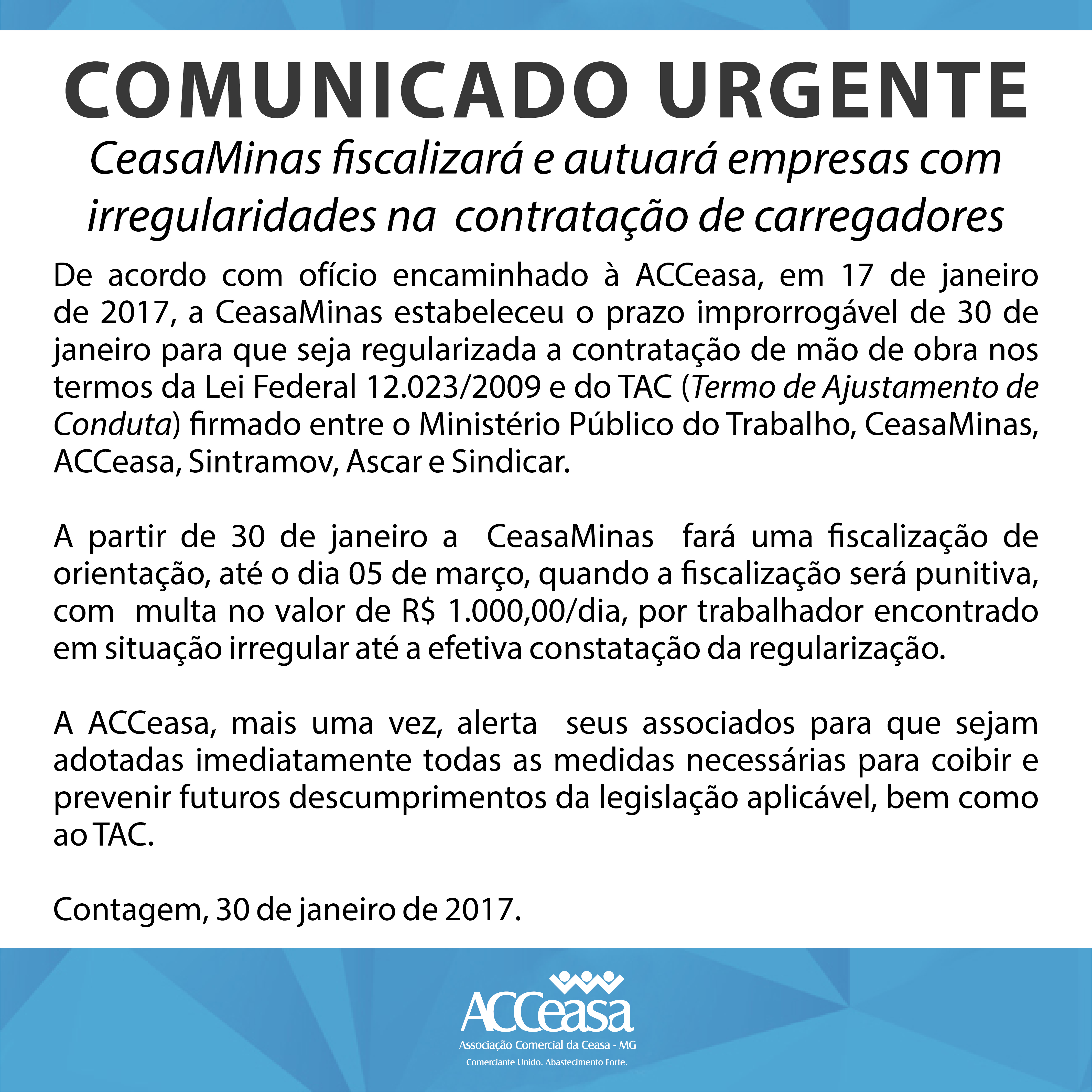 CeasaMinas fiscalizará e autuará empresas com irregularidades na contratação de carregadores
